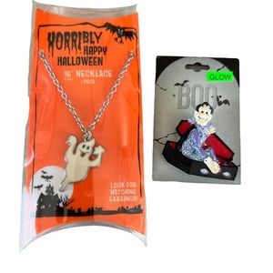 Halloween ghost ghoul necklace and vampire coffin brooch